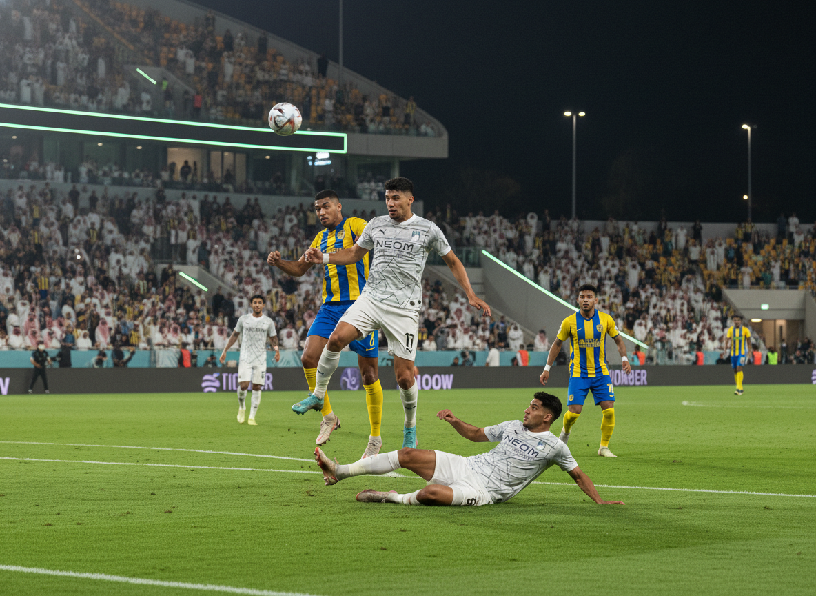 NEOM Sports Club vs. Al-Nassr match preview showing players in action inside a Saudi Arabian football stadium